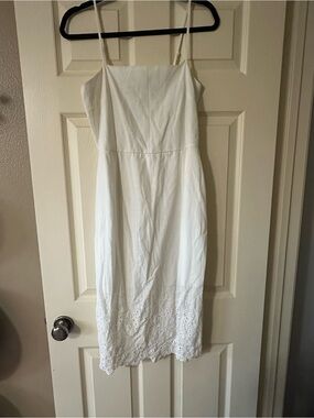 Francesca's Collections Linen White Spaghetti Strap Midi Eyelet Dress